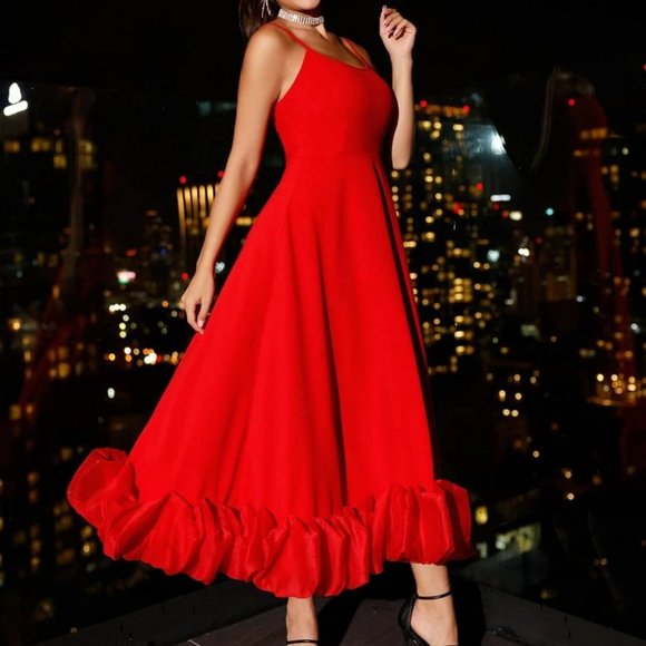 Chic Ruffle Hem Cami Maxi Dress Red - Picture 2 of 5